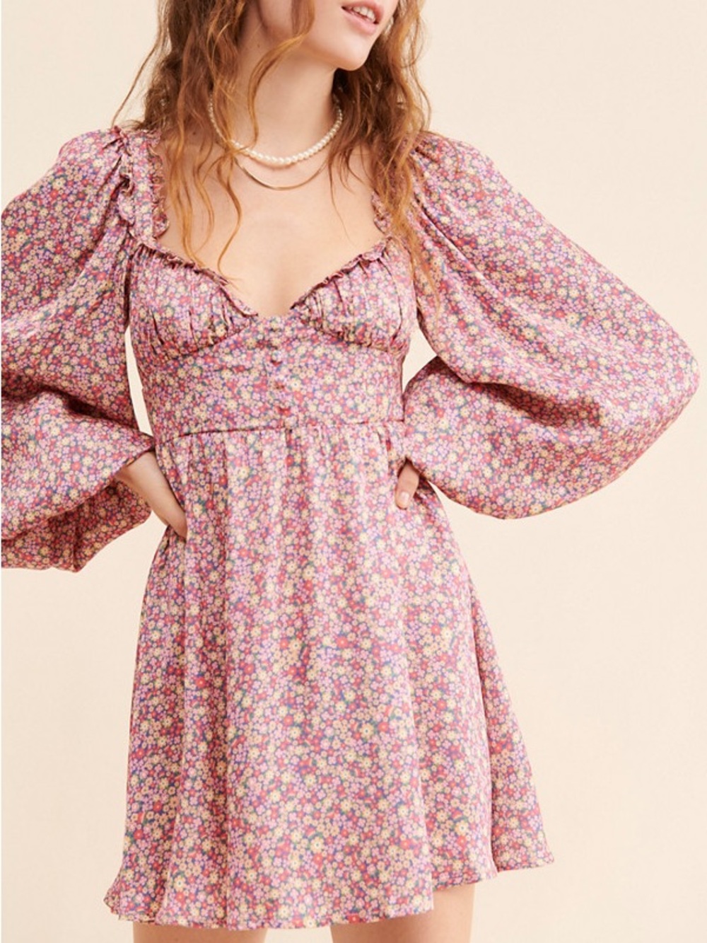 For Love & Lemons Laurie Pink Floral Puff-Sleeve Mini Dress